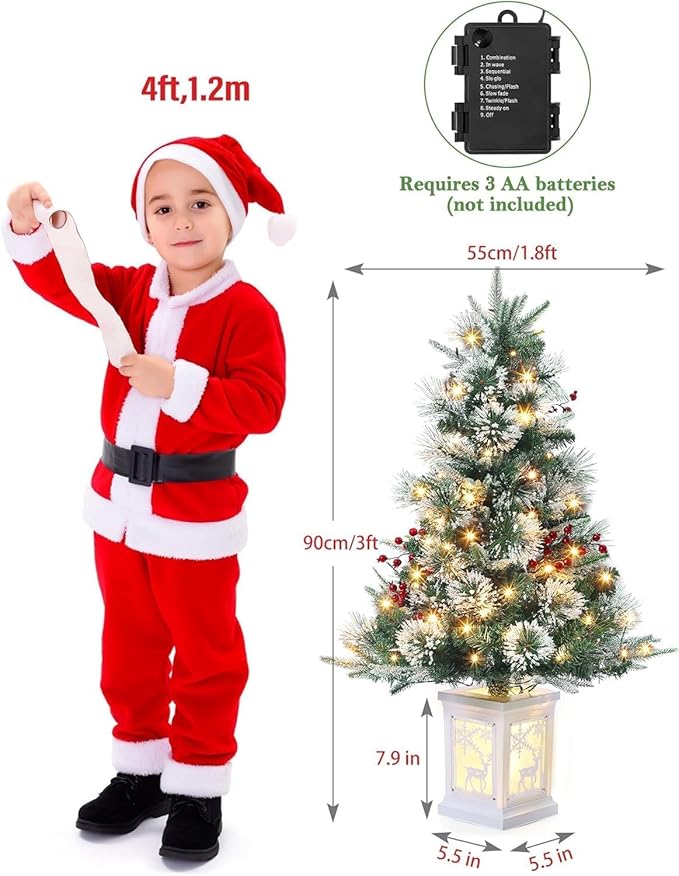 3FT Prelit Artificial Christmas Tree with Lights, 3 Foot Artificial Christmas Tree with Snowflake Base, 78 LED Prelit Christmas Tree, Battery Operated, Timer, Easy Assembly, Winter Holiday Decor