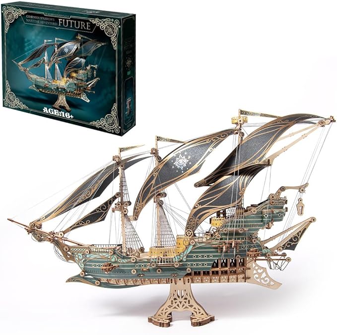 3D Wooden Puzzles for Adults, Pirate Ship Model Kit Brain Teaser Puzzles for Adults, DIY Educational Desk Toys Room Decoration (Green)