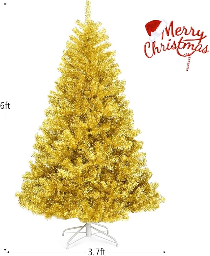 GOFLAME 6 FT Christmas Tree, 1036 Branch Tips, Artificial Tinsel Christmas Tree with Metal Stand, Artificial Hinged Christmas Tree for Indoor and Outdoor Holiday Decoration, Champagne Gold