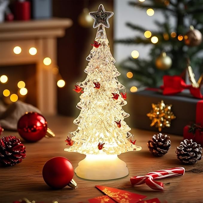 Acrylic Christmas Tree Table Decor, Light up LED Cardinal Christmas Tree Snow Globe with Swirling Glitte, Warm Lights Holiday Party Mantel Decorations Gifts for Family & Cardinal Lovers