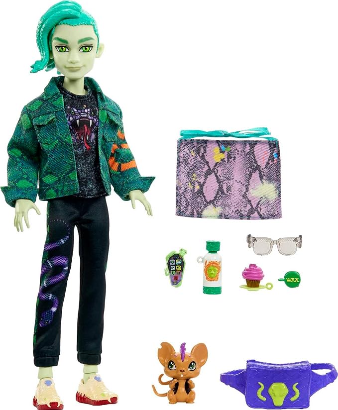 Monster High Deuce Gorgon Doll in Signature Look with Denim Snake Jacket & Accessories, Pet Mouse Perseus