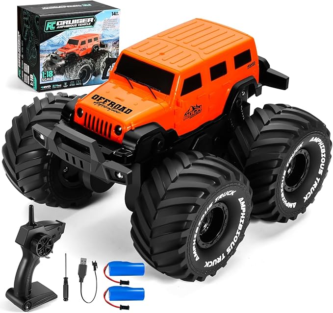 1:18 Scale Amphibious LED RC Car ，2.4GHz All 20 Km/h Off Road Terrain Remote Control Drift Truck, Waterproof Truck for 8+ Year Old Boys Girls Kids Gifts (Orange)