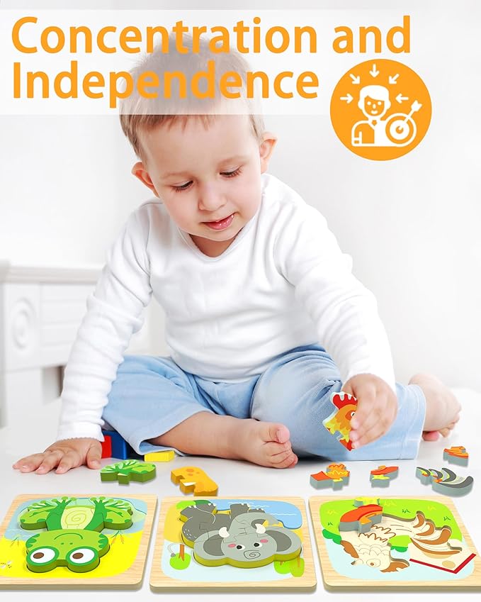 Wooden Puzzles Toddler Toys for 1 2 3 Year Old Boy Girl, 12 Packs Animal Toddler Puzzles Preschool Educational Learning Montessori Toys Age 1-3, 2-4 Christmas Birthday Gifts