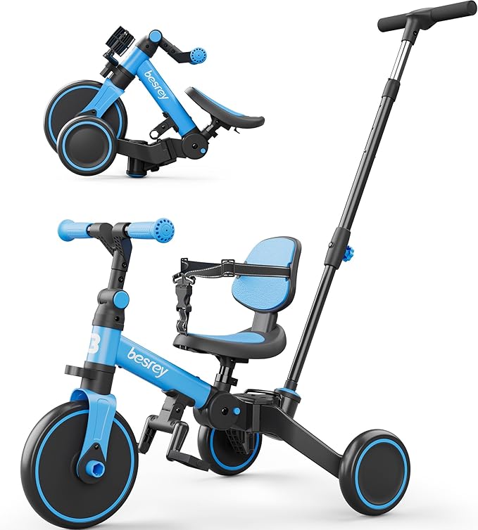 besrey 5 in 1 Toddler Bike, Toddler Tricycle for 1-3 Year Old, Trike with Push Handle, Backrest and Safety Belt, Birthday Gifts and Toys for Boys and Girls, Balance Bike