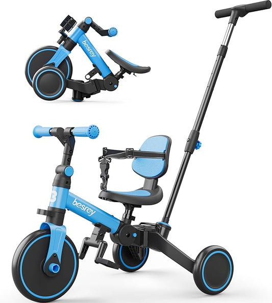 besrey 5 in 1 Toddler Bike, Toddler Tricycle for 1-3 Year Old, Trike with Push Handle, Backrest and Safety Belt, Birthday Gifts and Toys for Boys and Girls, Balance Bike