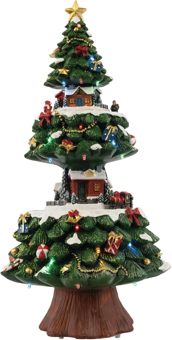 Animated Light Up Christmas Tree | Village House Collection Accessories Figurines for Decorations and Gift | Motion and Sound With Multicolor LED Lights