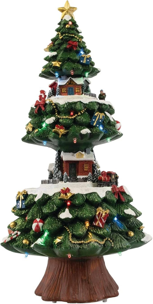 Animated Light Up Christmas Tree | Village House Collection Accessories Figurines for Decorations and Gift | Motion and Sound With Multicolor LED Lights