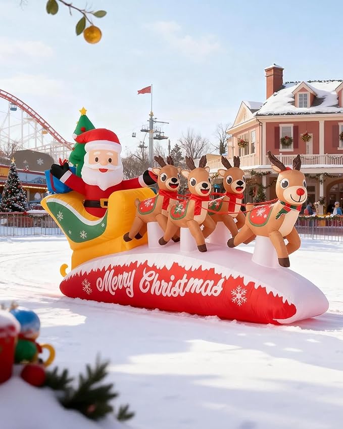 12 FT Christmas Inflatable Santa Sleigh with 5 Reindeer Outdoor Decoration, Blow Up Yard Decor with Bright LED Lights, Santa Claus Xmas Decor for Garden Lawn Backyard