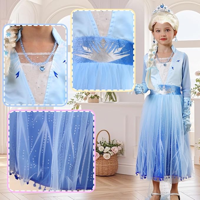 Princess Costume for Little Girls Snow Princess Dress Blue Cosplay Outfit Halloween Carnival Party Christmas