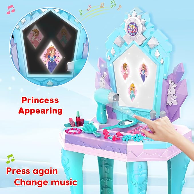 Toddler Vanity Magic Makeup Table and Chair Set Girl Toys Mirror with Music Light Frozen Toys for 3 4 Year Old Girls Hair Salon Pretend Play Princess Dress Up Playset Kids Toddler