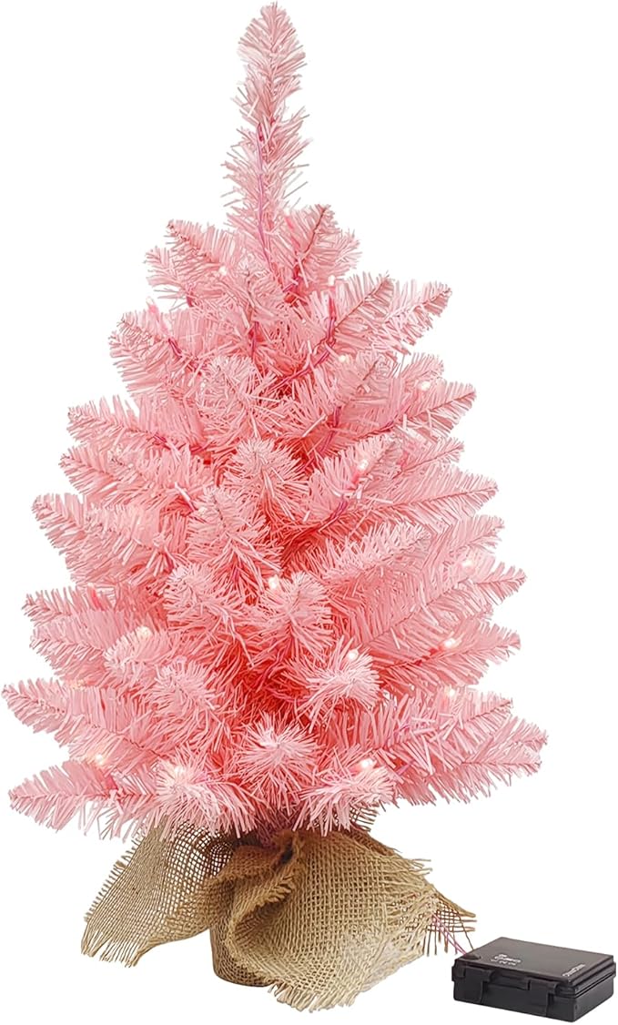Small Christmas Tree with Lights,2ft Pre Lit Artificial Mini Xmas Tree for Tabletop,Outdoor,Bedroom,Office Decorations,Includes 50 Led Warm Lights,73 PVC Branch Tips,Pink（Battery Operated）