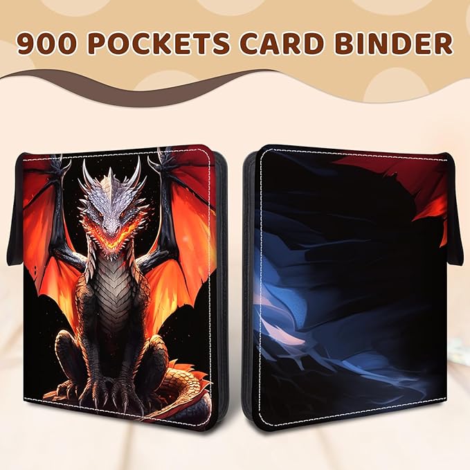 900 Pocket Dragon Card Binder, Trading Card Storage Album with 50 Durable 9-Pocket Pages, Dragon Design on Pocket Card Packs, Christmas Birthday Gifts for Zipper Closure Collector's Album