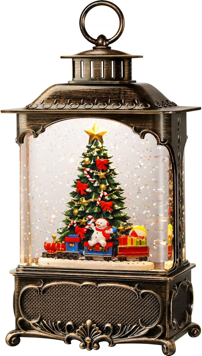 Christmas Tree Snow Globe Lantern Christmas Decorations Gifts Auto Snowfall Glitter Music Collection Snowman Train Candy Cane with 6H Timer USB/Battery Powered 10.2 inch