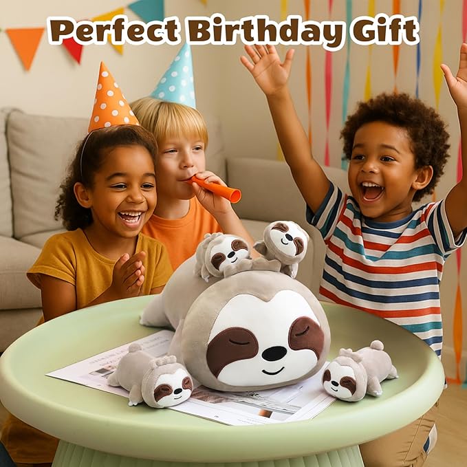 SQEQE Sloth Stuffed Animals with Babies Inside 5-Piece Set of Sloth Mommy and Babies Plush Cuddly Stuffed Animals Toys for Kids, Gifts Ideal for Christmas, Valentine's, Birthday