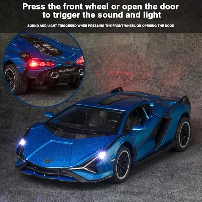 Diecast Toy Car Sian FKP37 Sports Model Car,Zinc Alloy Simulation Casting Pull Back Vehicles,1:32 Scale Supercar Toys with Lights and Music Sound for Toddlers Kids Children Boys Girls Gift (Blue)