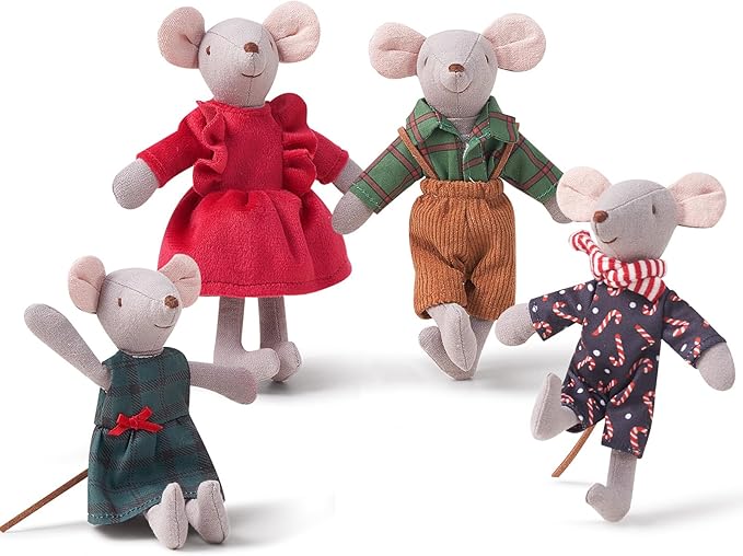Giant bean® Mouse Toys for Kids, Christmas Mouse, 4 PCS Hand Made Mouse Family Dolls with Removable Clothes, Suitable for Infants, Boys and Girls, Dollhouse People