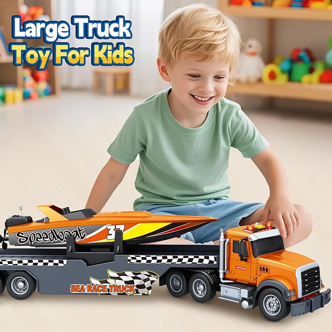 SpringFlower 3 4 5 6 Boy Toys, Extra Large Truck Toy with Sounds & Lights, 21" Semi Truck Toy Flatbed Transport Boat Vehicle，2 in 1 Kids Boy Toddlers Age 3 4 5 6 7 Birthday Gifts