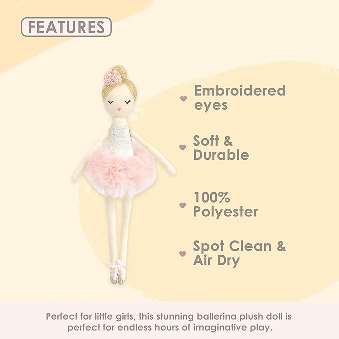 MON AMI Charlotte The Ballerina Stuffed Doll - 15”, Plush Ballerina Doll for Girls, Use as Toy or Room Decor for Kids of All Ages