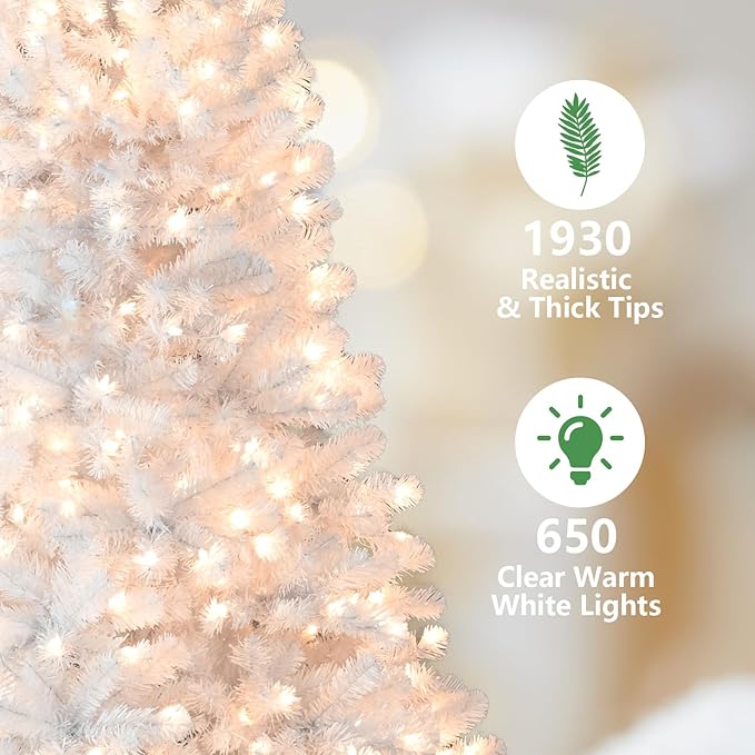 9ft Per-Lit White Christmas Tree, Artificial Christmas Tree with 650 Warm White Lights,1930 Branch Tips, Premium Full White Xmas Tree for Easy Holiday Setup, Foldable Metal Base
