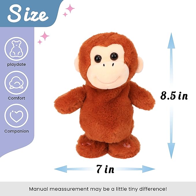 Hopearl Talking Singing Monkey Repeats What You Say Walking Electric Interactive Animated Toy Speaking Plush Buddy Gifts for Toddlers, Brown, 8.5''