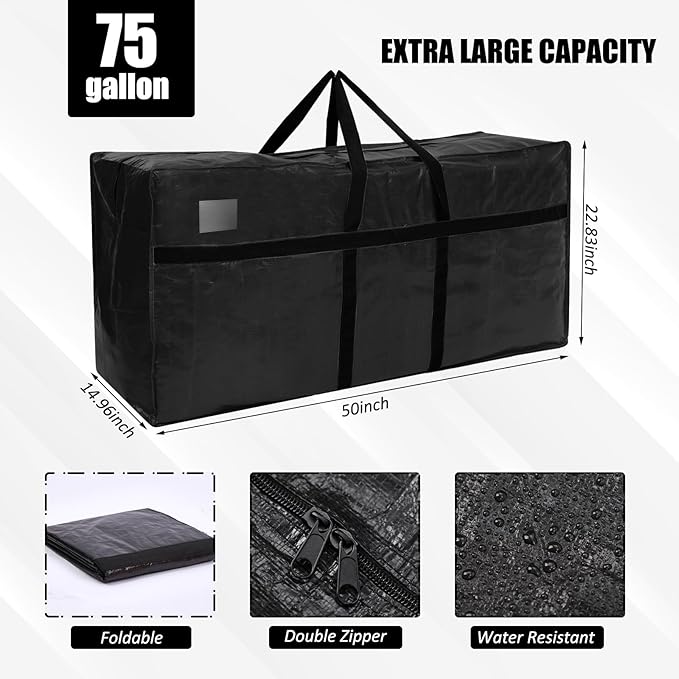 Windyun 4 Pack 75 Gallon Extra Large Storage Bags XXL Moving Bags with Zipper Handles Heavy Duty Jumbo Big Totes Box for Halloween Skeleton 4-12 Feet Christmas Tree Storage College Dorm Cloth (Black)