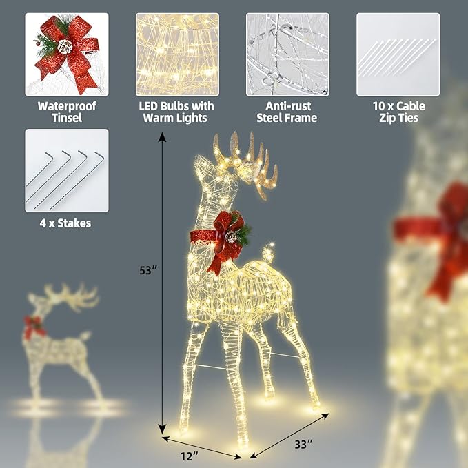 Tangkula 4.4 FT Christmas Lighted Reindeer, Outdoor Yard Christmas Decorations with 120 LED Lights, Artificial Xmas Décor with Stakes and Zip Ties, Indoor/Outdoor Festive Holiday Decoration