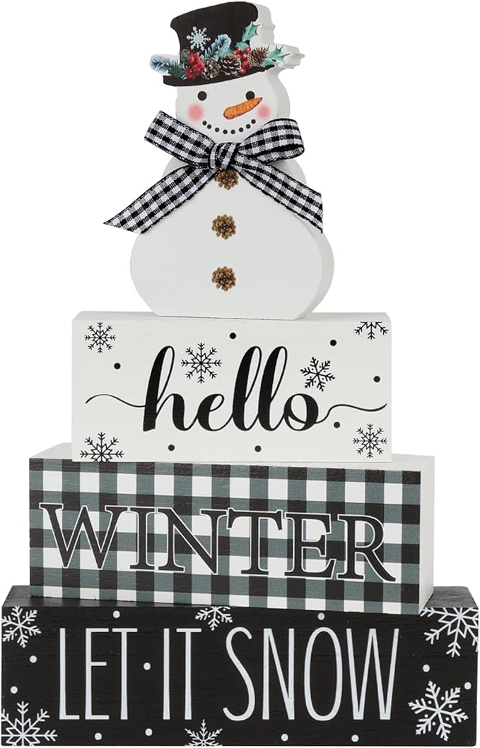 4 Pcs Christmas Table Decor Snowman Wooden Table Decorations Winter Tiered Tray Decor Christmas Centerpiece Rustic Let It Snow Block Signs Gift for Winter Wonderland Party Home kitchen Shelf
