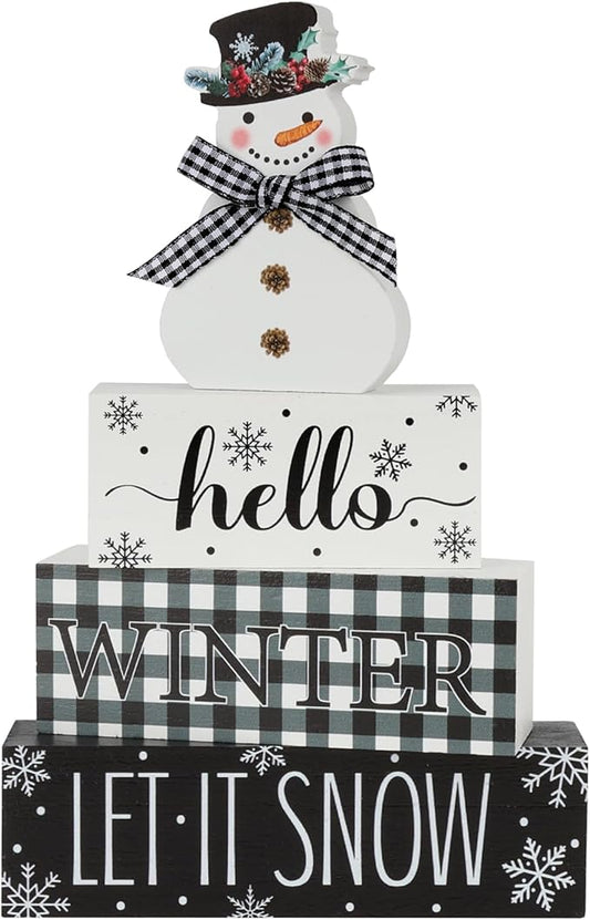 4 Pcs Christmas Table Decor Snowman Wooden Table Decorations Winter Tiered Tray Decor Christmas Centerpiece Rustic Let It Snow Block Signs Gift for Winter Wonderland Party Home kitchen Shelf