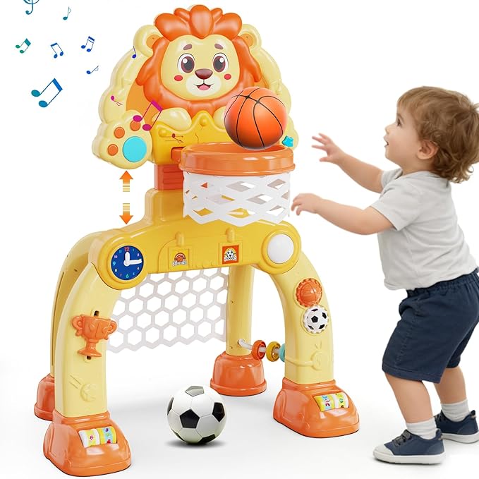 Toddler Basketball Hoop Soccer Goal for Kids 1-3, Baby Toys for 1 Year Old Boy Gifts, Kids Sports Toy with Light Sound Music, Baby Interactive Toys for Christmas Birthday Gifts for Baby(Lion)