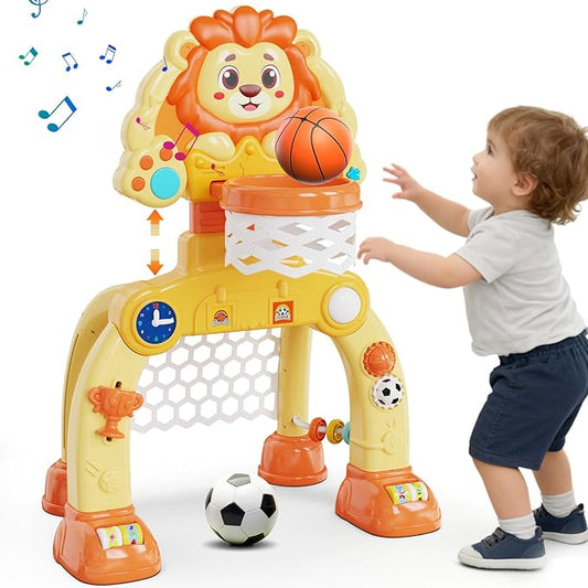 Toddler Basketball Hoop Soccer Goal for Kids 1-3, Baby Toys for 1 Year Old Boy Gifts, Kids Sports Toy with Light Sound Music, Baby Interactive Toys for Christmas Birthday Gifts for Baby(Lion)