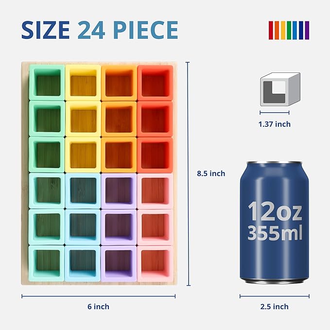 BLUE GINKGO Silicone Rainbow Blocks – [24 PC] Giftable Soft Blocks for Kids, BPA-Free Montessori Stacking Toy with Sorting Tray (Pastel)