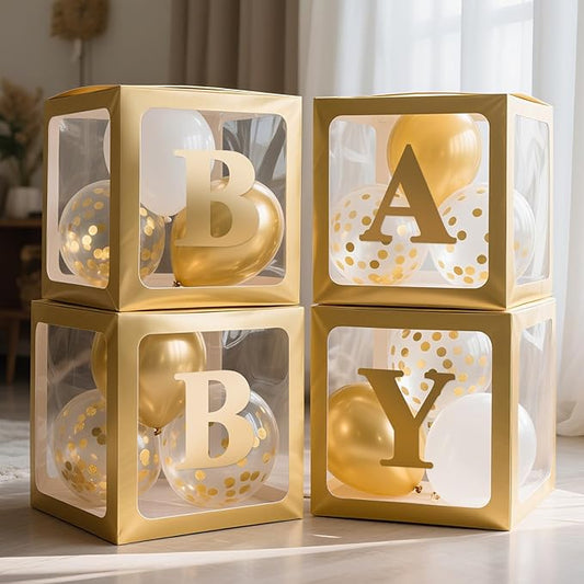 Ledido Baby Boxes with Letters for Baby Shower Decorations with 38 Balloons, 4 pcs Clear Baby Balloon Boxes Blocks for Baby Shower Decor Boy Girl Gender Reveal Decorations Backdrop Party (Gold)