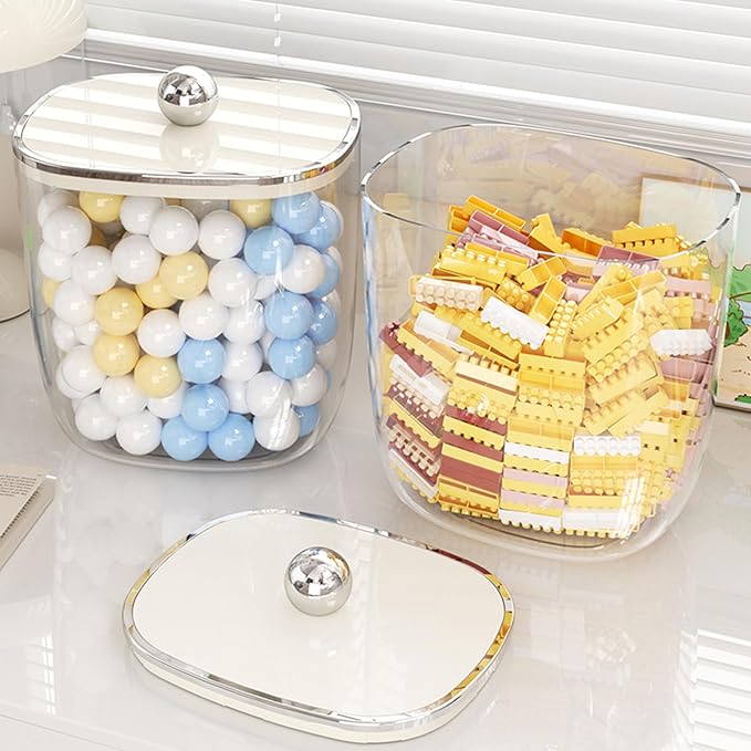 50oz Plastic Candy Jar with Lid for Office Desk, Cookie Storage Jar for Kitchen Counter, Apothecary Jar for Cotton Swabs, Balls, Cotton Pads, Floss Picks, Cream Lid, 1500ml
