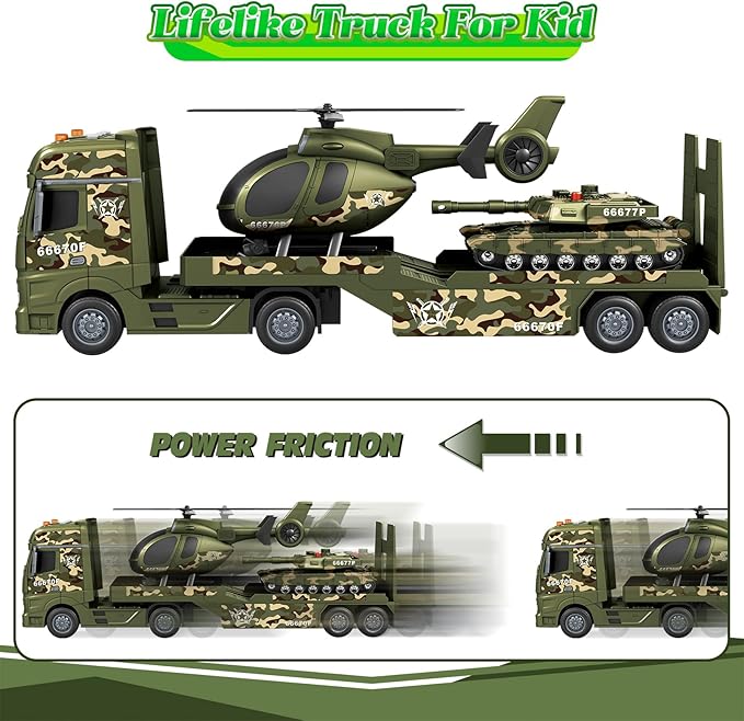 3-in-1 Military Truck Toys for Kids Ages 3-6 - Inertia Semi Trailer with Helicopter & Tank, Light and Sound Army Vehicles