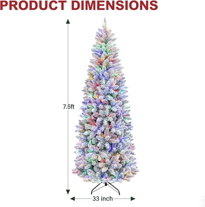 Hykolity 7.5 ft Pencil Prelit Christmas Tree, Artificial Slim Christmas Tree with 300 Multicolor LED Lights, 792 PVC Branch Tips, Metal Stand and Hinged Branches, 10 Modes