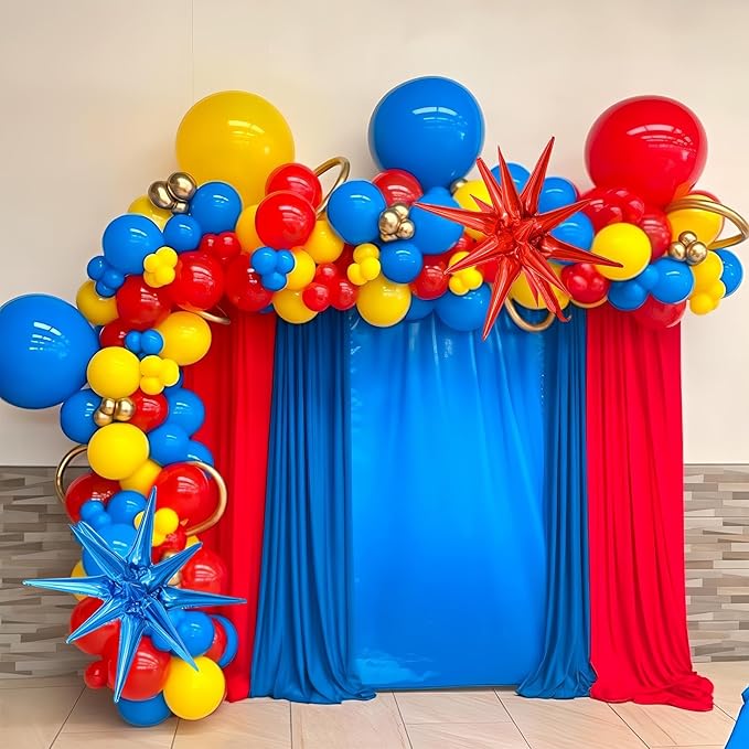 126Pcs Red Blue Yellow Balloon Arch Kit, Cartoon Hedgehog Theme Primary Color Balloon with Gold Circle Explosion Star Foil Balloon Garland Set for Boys Kids Carnival Circus Birthday Party Decorations