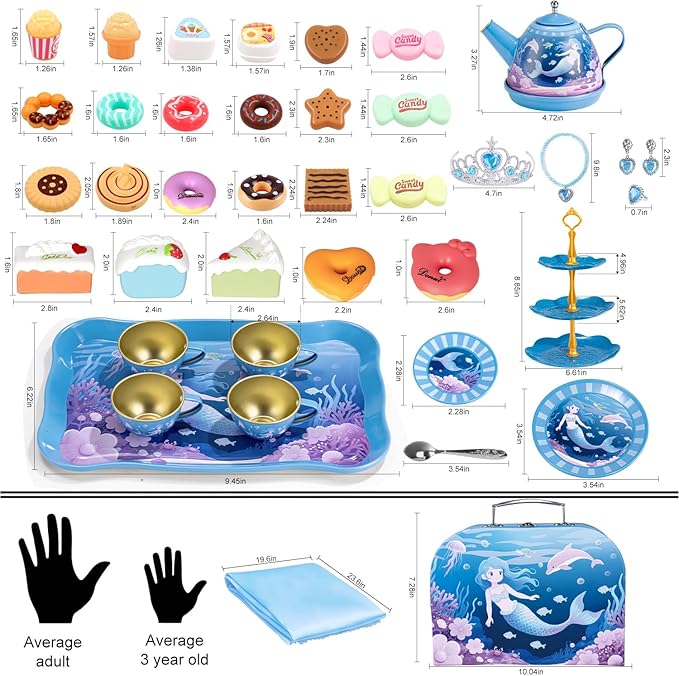 Tea Party Set for Little Girls, 49PCS Princess Tea Time Toys Including Teaset Dessert Carrying Case, Kids Pretend Play Kitchen Toys, Toddler Girl Birthday Gifts for 3-8 Year Old, Sea