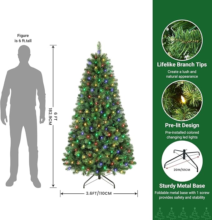 SHareconn 6ft Prelit Premium Artificial Classic Spruce Christmas Tree, 270 Warm White & Color LED Changing Lights, 866 Branch Tips, Perfect Choice for Xmas Decoration,6 FT