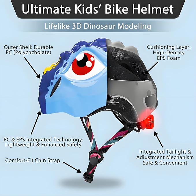 KINGBIKE Toddler Helmet 2-3-5-8 Years Kids Balance Bike Helmets Size Adjustable 3D Dinosaur with Led Light for Skateboard Scooter Cycling Skaterolling