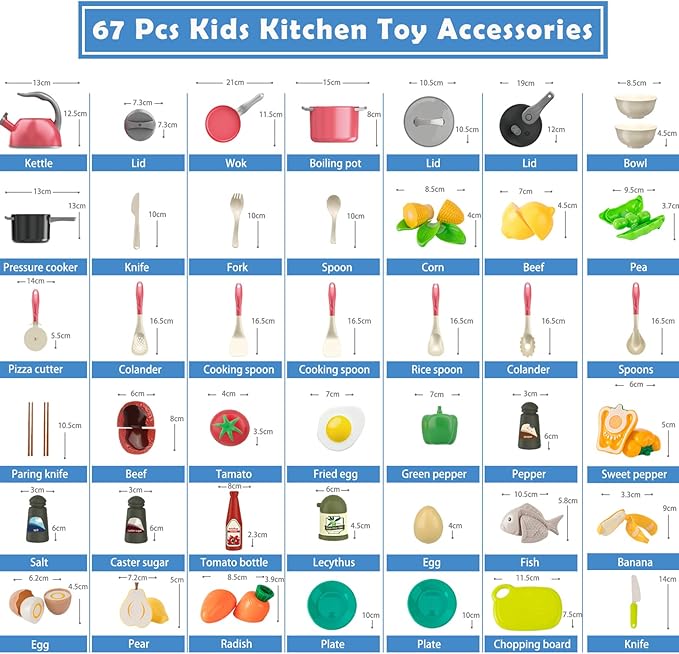 Bruvoalon 67Pcs Kids Play Kitchen Toys Set, Toddlers Pretend Cooking Playset Acccessories with Pots Pans, Utensils Cookware, Foods, Canned Veges, Learning Gift for Kids Girls Boys (Red)