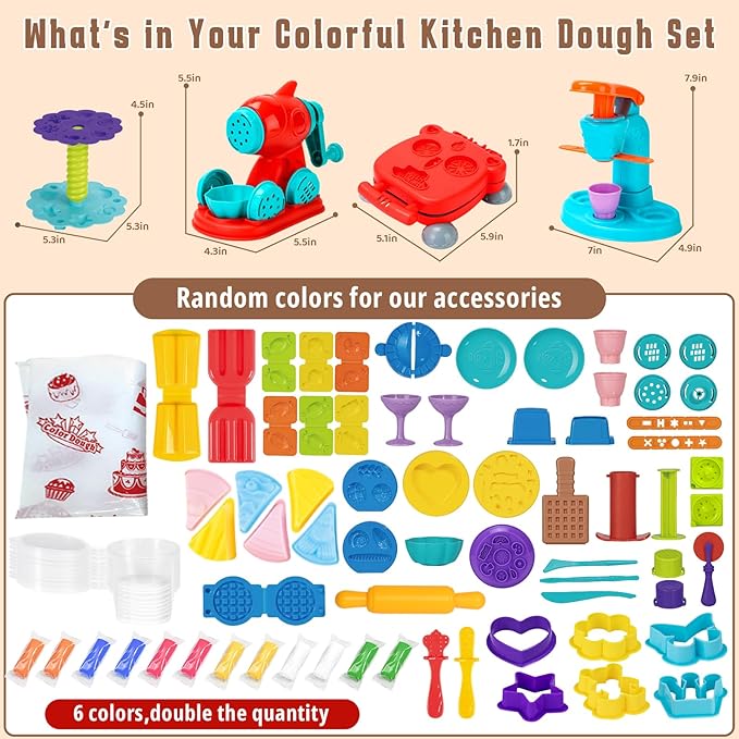 4 in 1 Dough Sets 75 PCS for Kids Ages 4-8, Dough Tools Kit with Ice Cream Noodle Hamburger Maker Machine, Dessert Rack, Kitchen Creations Art Crafts Food Play Toys for Boys Girls Ages 3+