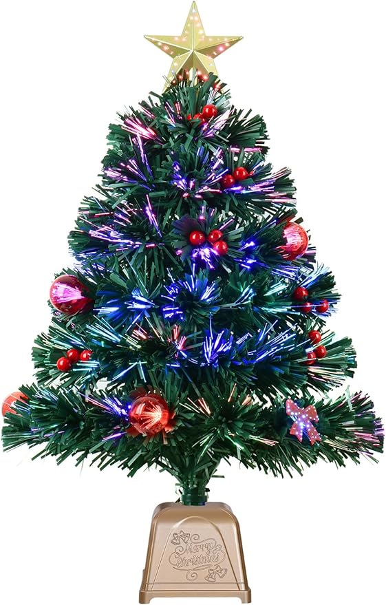 24inch Green Fiber Optic Christmas Tree,Prelit Artificial Tabletop Christmas Tree,Star,Butterfly and Ball Ornaments for Best Holiday Home Decorations,2 Foot