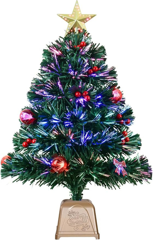 24inch Green Fiber Optic Christmas Tree,Prelit Artificial Tabletop Christmas Tree,Star,Butterfly and Ball Ornaments for Best Holiday Home Decorations,2 Foot