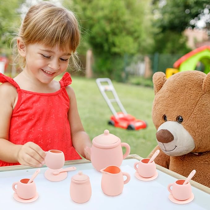 MCGMITT Silicone Tea Party Set, Toy Tea Set for Toddlers Kids, Includes Teapot, 4 Tea Cup and Coasters, Creamer, Sugar Bowl, 4 Spoon, Dishwasher Safe Pretend Teapot Set for Girls Boys Birthday Gifts