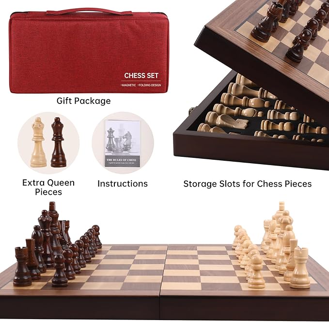 Magnetic Wooden Chess Set 15'' Folding Chess Board, Portable Travel Chess Set Games with Chessboard Bag, Beginner Chess Set for Tournament Professional Beginner
