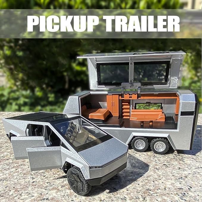 Metal Pick-Up Truck Trailer Toy with Motorcycle, Sound/Light/Pull Back/Realistic Interior Exterior, Ideal Toy Car Vehicle Gift (1/32 Grey Pickup Trailer RV)
