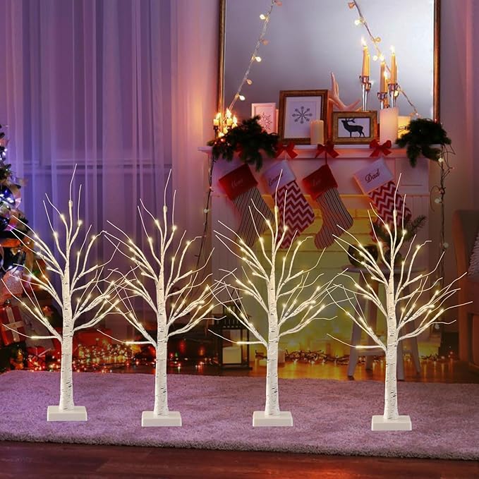 4-Pack 2FT Lighted Birch Tree for Christmas Decor with Timer, Birch Christmas Tree with 24 LED Warm White Lights, Battery Operated Artificial Tree Light for Indoor Bedroom Wedding Holiday Decorations