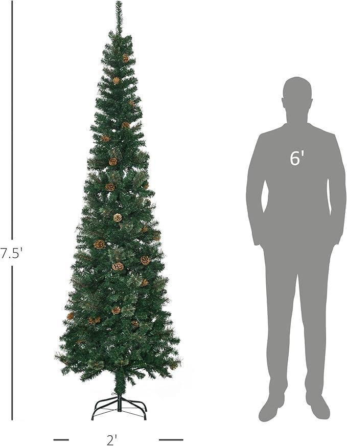 HOMCOM 7.5 Foot Pencil Artificial Christmas Tree, Slim Pine Needles Xmas Tree with Realistic Branches, Pine Cones, Metal Base, Green