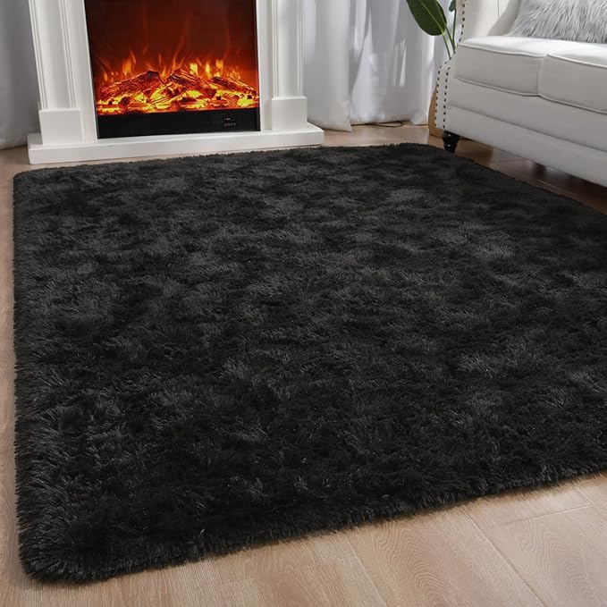 Ompaa 9x12 Area Rug Black Fluffy Living Room Large Carpet for Bedroom Dorm, Non-Slip High Pile, Modern Big Shag Rug for Classroom Kids Playroom Nursery Home Office Decor