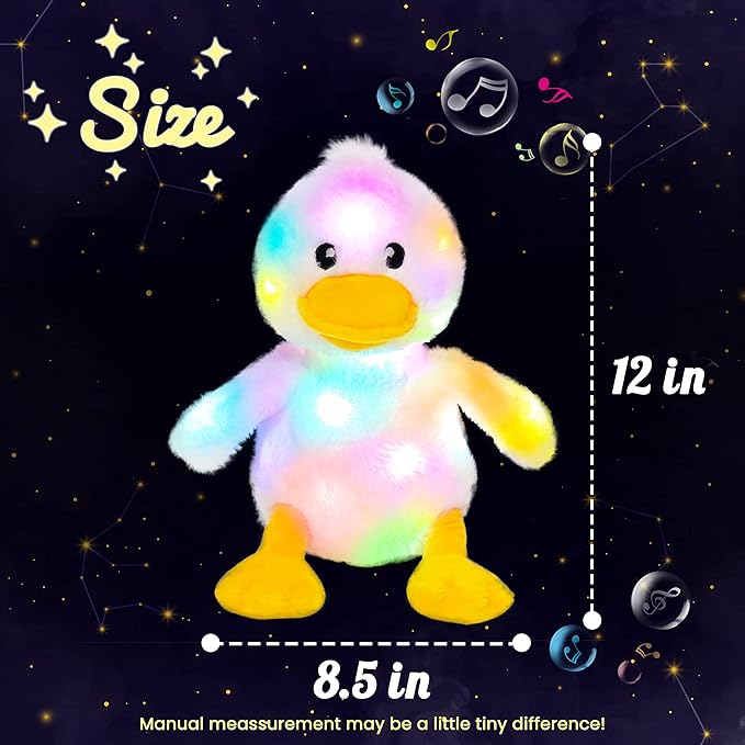 Hopearl LED Musical Stuffed Duck Lighting Up Singing Duckling Plush Toy Adjustable Volume Lullaby Animated Soothe Birthday Gifts for Kids Toddler Girls, White, 11''